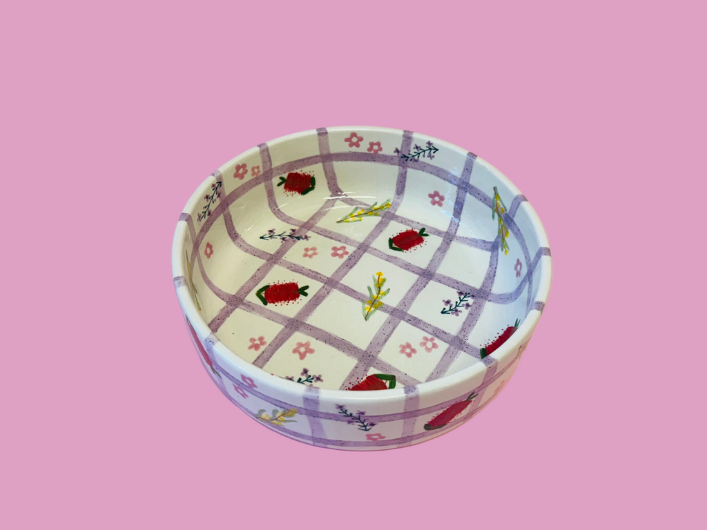 Large Flat Serving Bowl~ Gingham Mixed Forals