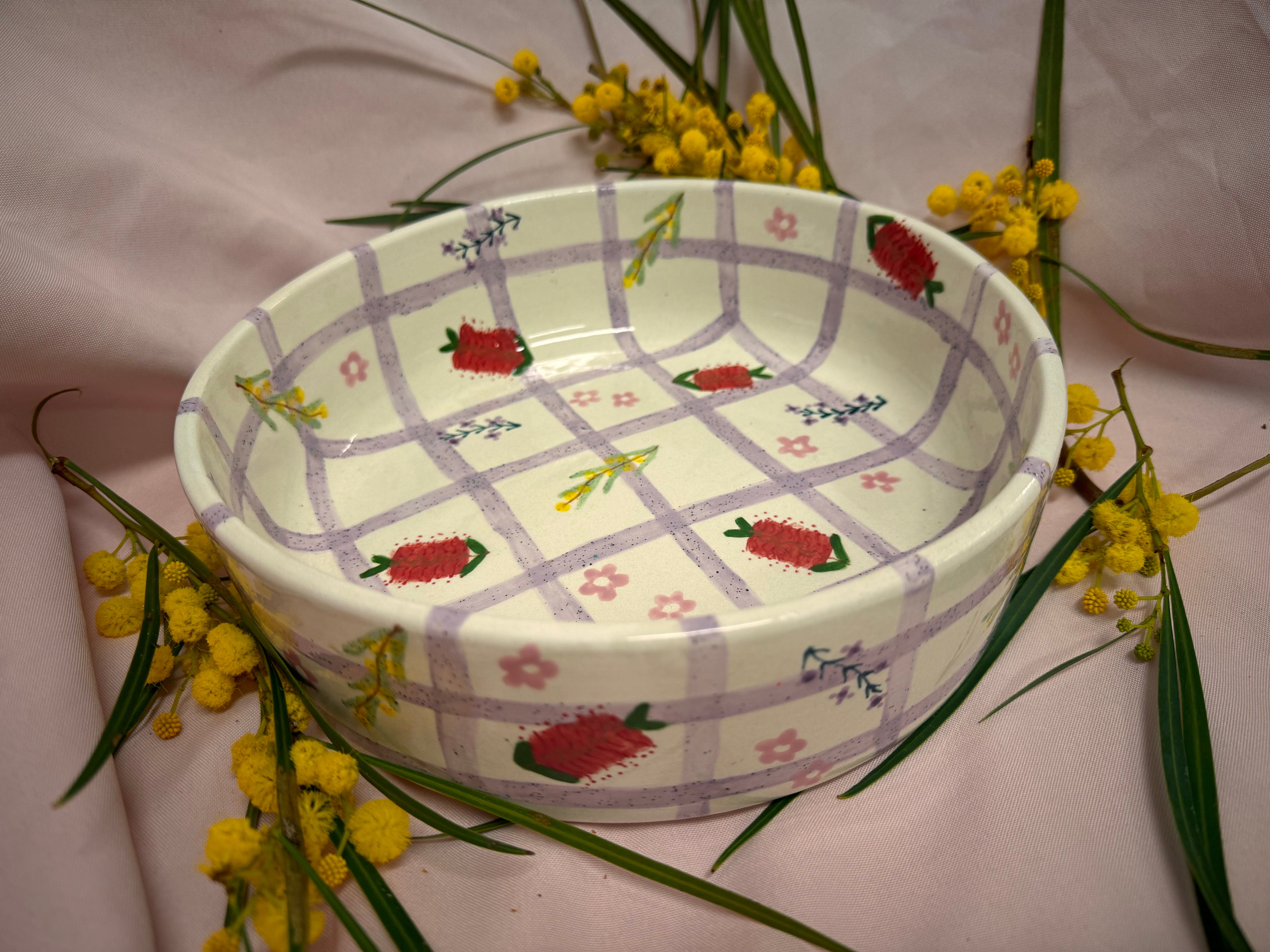 Large Flat Serving Bowl~ Gingham Mixed Forals