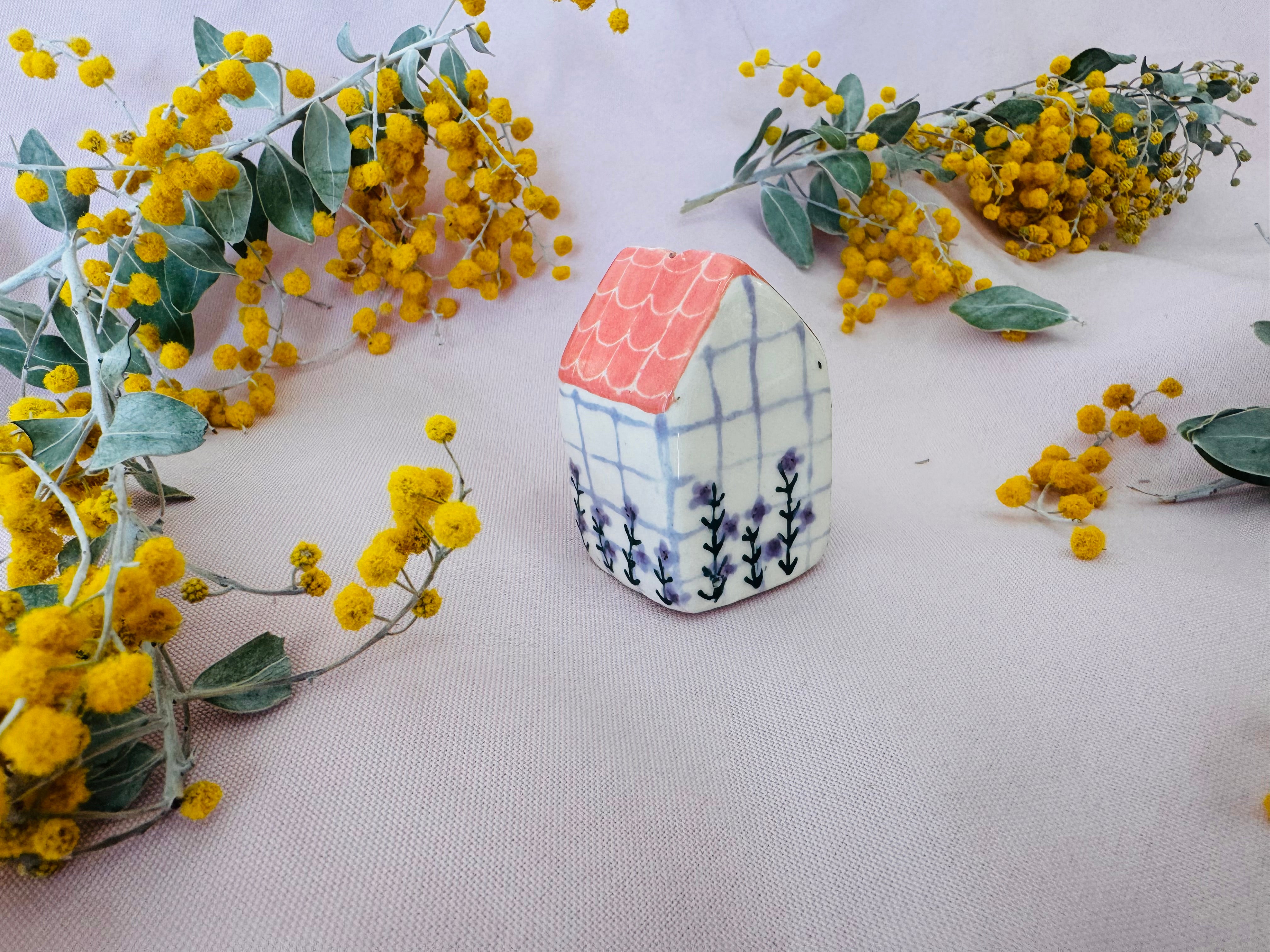 Ceramic House Tiny ~ pink & Lilac Gingham Floral