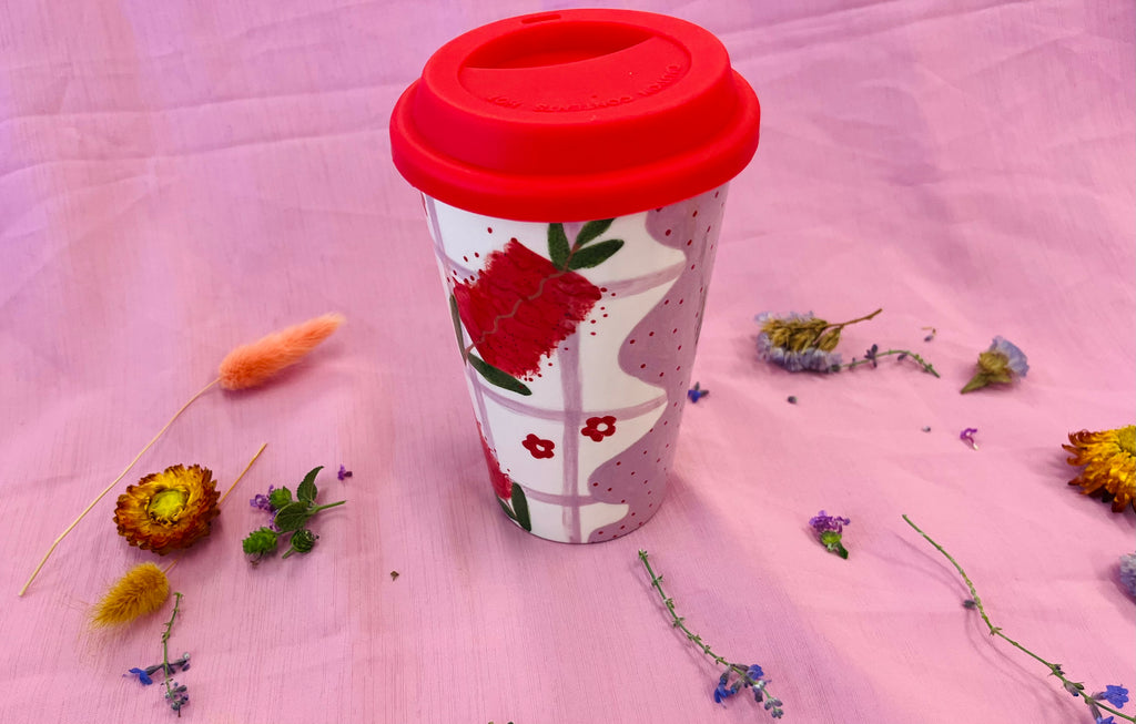 Painted to Order Travel Mug ~ Gingham Red Bottle Brush
