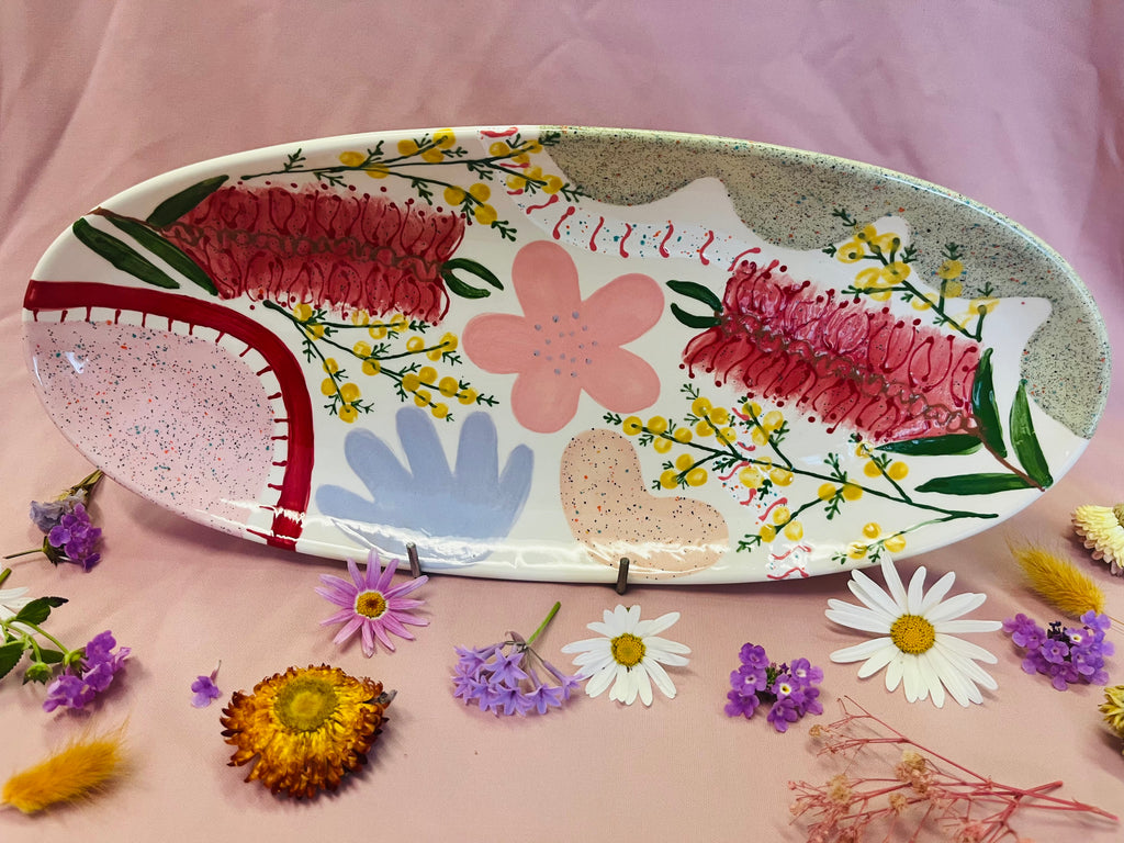 Painted to Order Oval Platter Sml ~ Bottle Brush/ Wattle Floral
